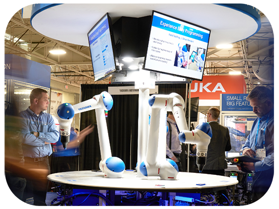 A robot on display at a convention, showcasing its design and technology to attendees