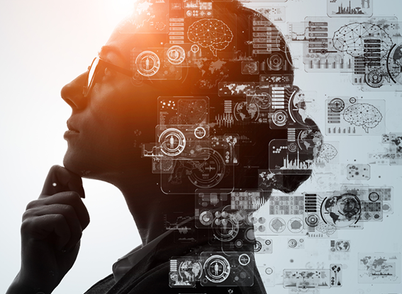 Silhouette of a businesswoman with digital icons representing ideas and technology above her head, symbolizing innovation.