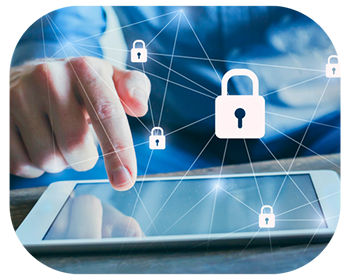 A hand touches a tablet displaying a padlock icon