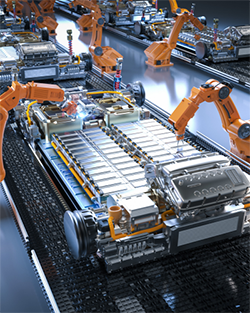 An automated assembly line in an automotive plant, featuring robots and machinery working on vehicle production