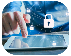 A hand touches a tablet displaying a padlock icon, symbolizing security or locked content
